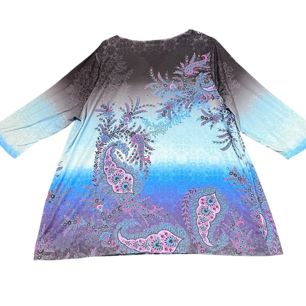 Catherines Tunic Top Womens 0X Multicolor Paisley Embellished V Neck Long Sleeve - Picture 3 of 11